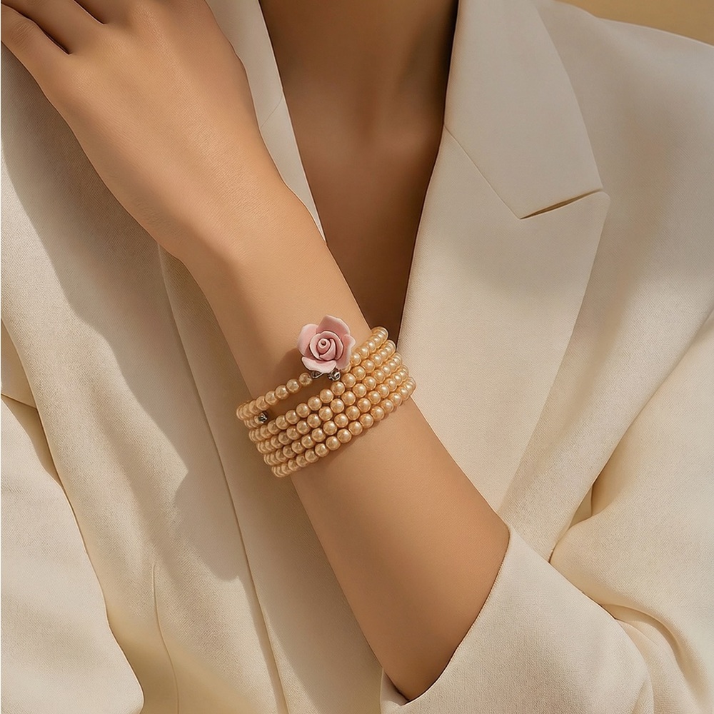 HandmadevElegant Gold Tone Pearl Bracelet with Pink Rose Charm